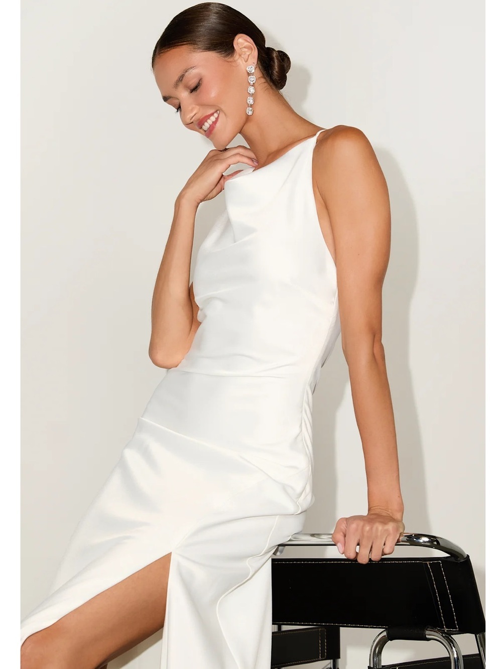 NWT Lulu’s Elynne White Satin Cowl Neck Midi Dress Large Romantic Chic Cocktail - Picture 6 of 12